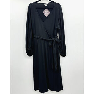Ava & Viv Faux Wrap Midi Dress Sz 1X Black Long Sleeve Classic Staple Office New